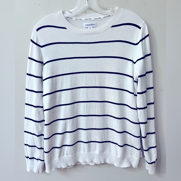 Calvin Klein Crewneck Striped Pullover Sweater Womens Medium White Black‎ Cotton - Picture 1 of 9